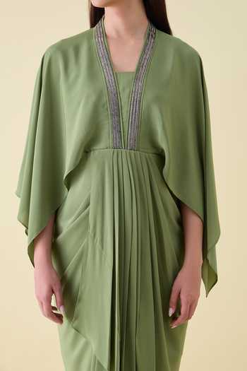 Buy_Aakaar_Green Silk, Crepe V-neck Metallic Embelishment Dress 
