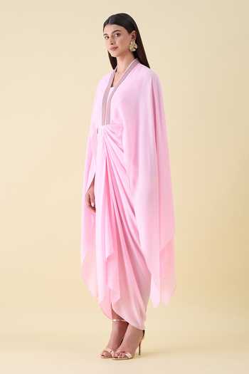 Aakaar_Pink Crepe V-neck Moss Maxi Dress _Online_at_Aza_Fashions
