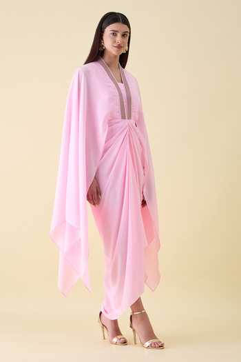 Buy_Aakaar_Pink Crepe V-neck Moss Maxi Dress _Online_at_Aza_Fashions