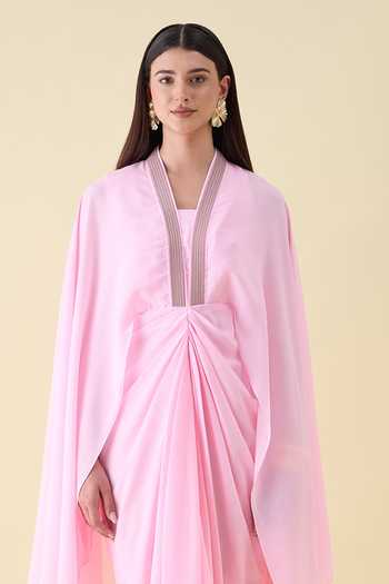 Shop_Aakaar_Pink Crepe V-neck Moss Maxi Dress _Online_at_Aza_Fashions