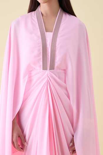 Aakaar_Pink Crepe V-neck Moss Maxi Dress _at_Aza_Fashions
