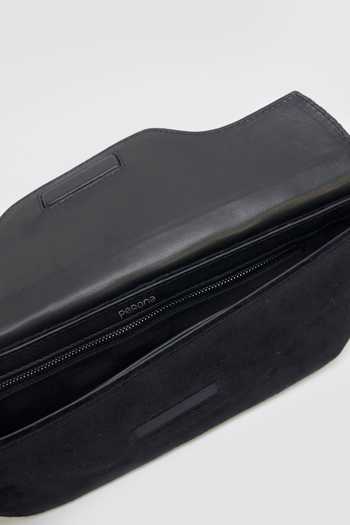 Buy_Perona_Black Daisy Fold-over Flap Velvet Clutch _Online_at_Aza_Fashions