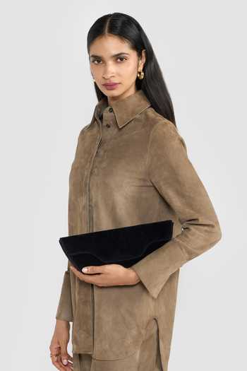 Perona_Black Daisy Fold-over Flap Velvet Clutch _at_Aza_Fashions