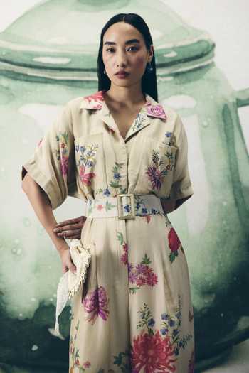EASE_Ivory Floral Print Organza Silk Jumpsuit And Belt _Online_at_Aza_Fashions