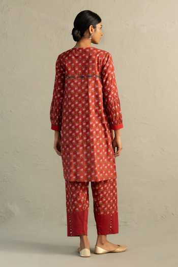Shop Charkhee Red Cotton, Chanderi Round Neck, Yes Phool Print Short Kurta Salwar Set at Aza Fashions Shop_Charkhee_Red Cotton, Chanderi Round Neck, Yes Phool Print Short Kurta Salwar Set _at_Aza_Fashions