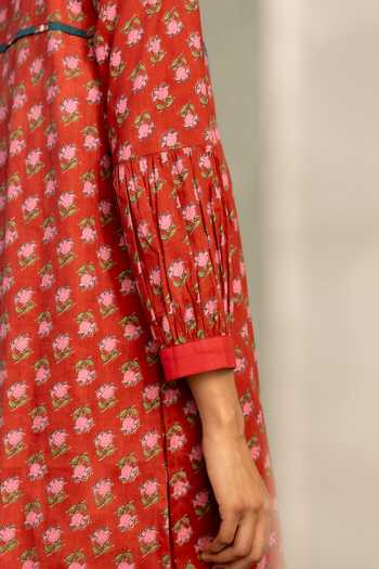 Charkhee Red Cotton, Chanderi Round Neck, Yes Phool Print Short Kurta Salwar Set at Aza Fashions Charkhee_Red Cotton, Chanderi Round Neck, Yes Phool Print Short Kurta Salwar Set _at_Aza_Fashions