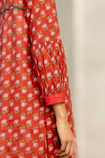Buy_Charkhee_Red Cotton Round Neck Phool Dori Short Kurta And Salwar Set _Online_at_Aza_Fashions
