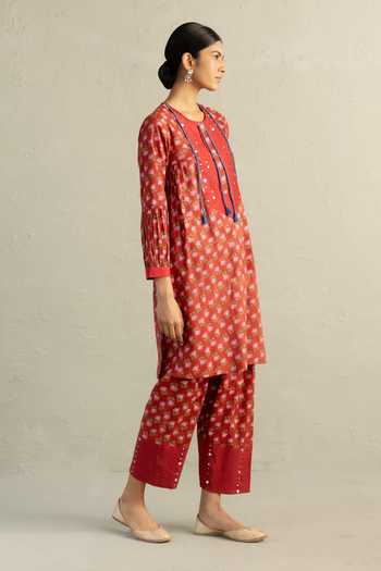 Charkhee_Red Cotton Round Neck Phool Dori Short Kurta And Salwar Set _at_Aza_Fashions