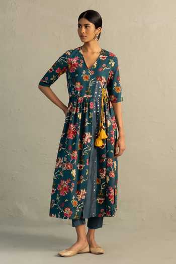 Shop_Charkhee_Teal Cotton, Chanderi V-neck, Yes Phool Print Angarkha Kurta Set _Online_at_Aza_Fashions