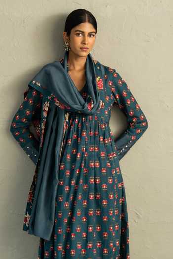 Buy_Charkhee_Teal Cotton, Chanderi V-neck Phool Print Anarkali Set 