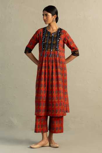 Charkhee Red Cotton, Chanderi Round Neck Phool Hand Block Print Kurta Set at Aza Fashions Charkhee_Red Cotton, Chanderi Round Neck Phool Hand Block Print Kurta Set _at_Aza_Fashions