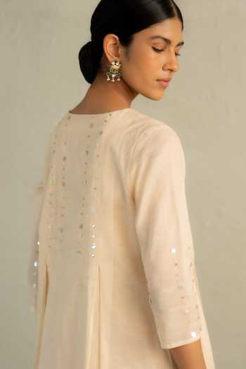 Buy_Charkhee_Beige Chanderi, Cotton Split V-neck Phool Dori Embroidered Pleated Kurta Set _Online_at_Aza_Fashions
