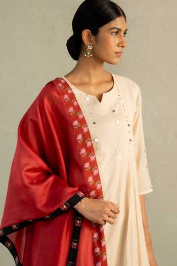 Shop_Charkhee_Beige Chanderi, Cotton Split V-neck Phool Dori Embroidered Pleated Kurta Set _Online_at_Aza_Fashions