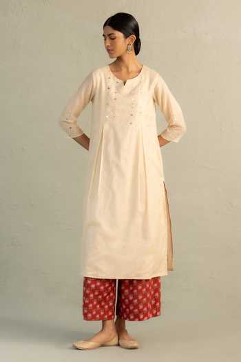 Charkhee_Beige Chanderi, Cotton Split V-neck Phool Dori Embroidered Pleated Kurta Set _at_Aza_Fashions