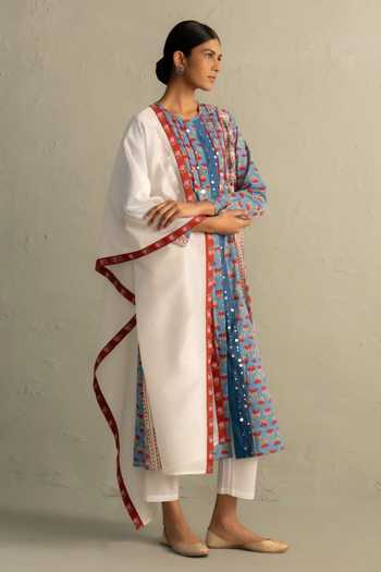 Charkhee_Blue Cotton, Chanderi Round Neck Hand Block Print Kurta Set _Online_at_Aza_Fashions