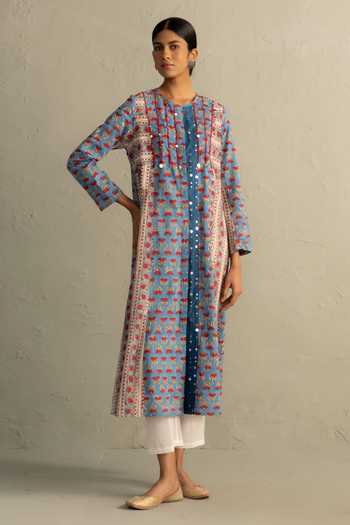 Buy_Charkhee_Blue Cotton, Chanderi Round Neck Hand Block Print Kurta Set _Online_at_Aza_Fashions