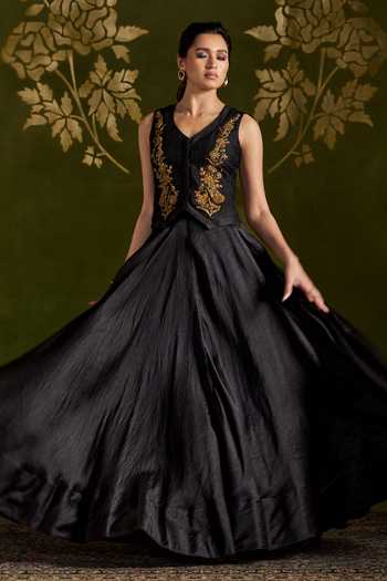 Buy_Almaari By Pooja Patel_Black Tussar, Silk Rohini Antique Embroidered Coat And Lehenga Set _Online_at_Aza_Fashions