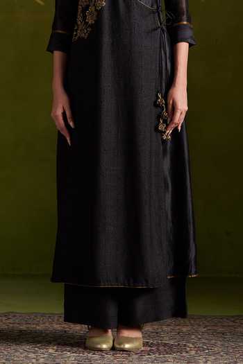 Shop_Almaari By Pooja Patel_Black Silk, Tussar Round Neck Romika Handmade Angarkha And Palazzo Set _Online_at_Aza_Fashions