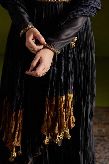 Almaari By Pooja Patel_Black Silk Keyhole Neck Rochira Pure Anarkali Set _Online_at_Aza_Fashions