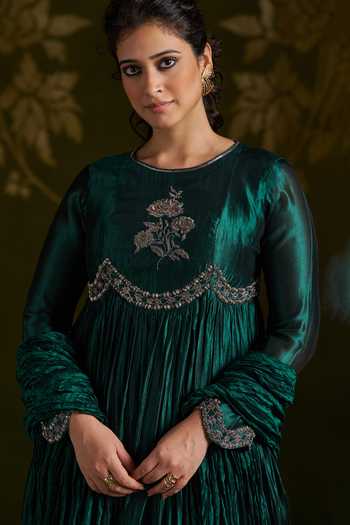 Almaari By Pooja Patel_Emerald Green Silk Round Neck Rohika Embroidered Anarkali Set _Online_at_Aza_Fashions
