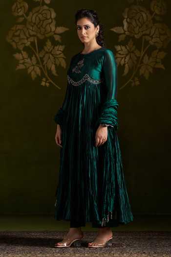 Shop_Almaari By Pooja Patel_Emerald Green Silk Round Neck Rohika Embroidered Anarkali Set _Online_at_Aza_Fashions