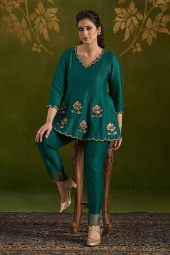 Shop_Almaari By Pooja Patel_Green Tussar, Silk Rohisha Handmade Top And Pant Set _Online_at_Aza_Fashions