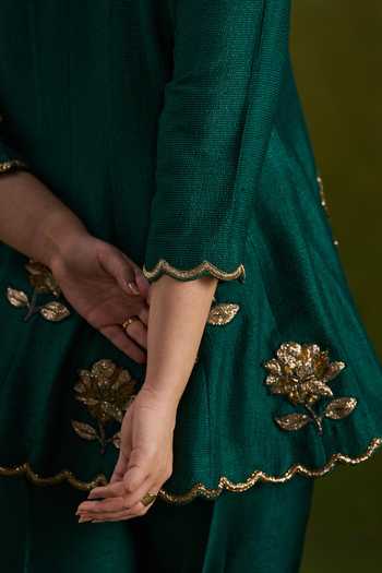 Buy_Almaari By Pooja Patel_Green Tussar, Silk Rohisha Handmade Top And Pant Set 