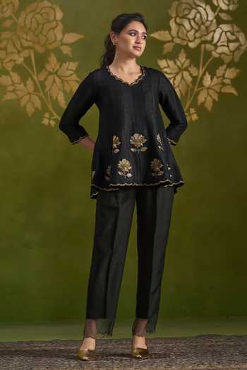 Buy_Almaari By Pooja Patel_Black Tussar, Silk Rohisha Handmade Top And Pant Set _Online_at_Aza_Fashions