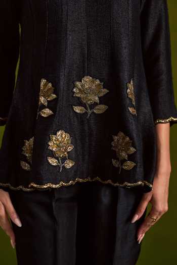 Shop_Almaari By Pooja Patel_Black Tussar, Silk Rohisha Handmade Top And Pant Set 