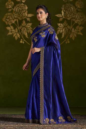 Almaari By Pooja Patel_Blue Silk High Neck Rohitha Embroidered Saree And Blouse Set _Online_at_Aza_Fashions