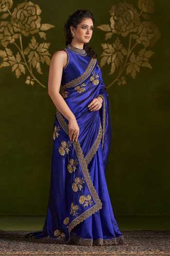 Shop_Almaari By Pooja Patel_Blue Silk High Neck Rohitha Embroidered Saree And Blouse Set _Online_at_Aza_Fashions