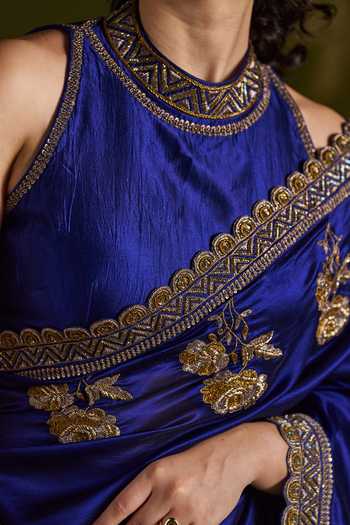 Buy_Almaari By Pooja Patel_Blue Silk High Neck Rohitha Embroidered Saree And Blouse Set 