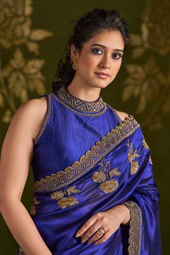Shop_Almaari By Pooja Patel_Blue Silk High Neck Rohitha Embroidered Saree And Blouse Set 