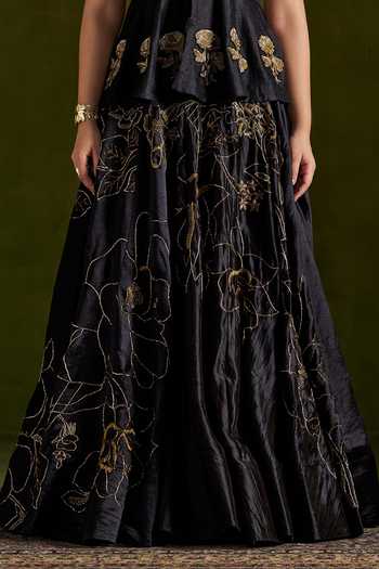 Almaari By Pooja Patel_Black Tussar, Silk High Neck Roshali Embroidered Top And Lehenga Set _Online_at_Aza_Fashions
