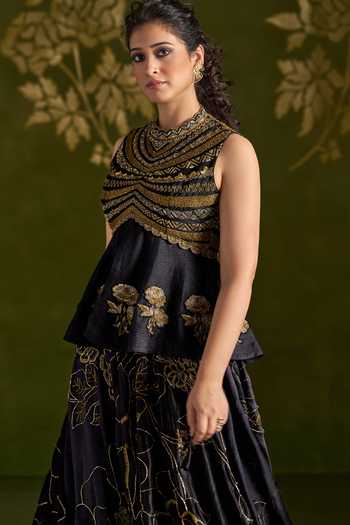 Buy_Almaari By Pooja Patel_Black Tussar, Silk High Neck Roshali Embroidered Top And Lehenga Set _Online_at_Aza_Fashions