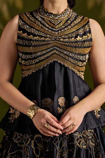 Shop_Almaari By Pooja Patel_Black Tussar, Silk High Neck Roshali Embroidered Top And Lehenga Set _Online_at_Aza_Fashions