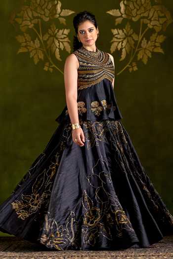 Almaari By Pooja Patel_Black Tussar, Silk High Neck Roshali Embroidered Top And Lehenga Set _at_Aza_Fashions