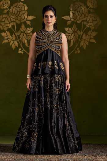 Shop_Almaari By Pooja Patel_Black Tussar, Silk High Neck Roshali Embroidered Top And Lehenga Set 