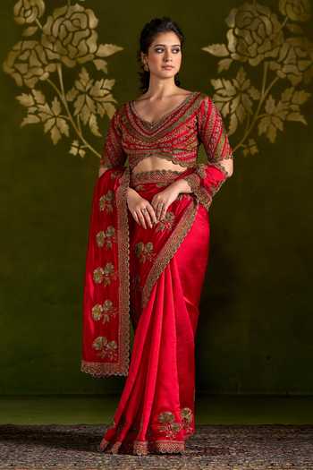 Almaari By Pooja Patel_Red Silk V-neck Rohanya Embroidered Saree And Blouse Set _Online_at_Aza_Fashions