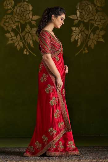 Buy_Almaari By Pooja Patel_Red Silk V-neck Rohanya Embroidered Saree And Blouse Set _Online_at_Aza_Fashions