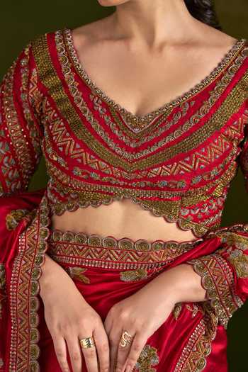 Shop_Almaari By Pooja Patel_Red Silk V-neck Rohanya Embroidered Saree And Blouse Set _Online_at_Aza_Fashions