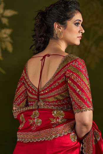 Almaari By Pooja Patel_Red Silk V-neck Rohanya Embroidered Saree And Blouse Set _at_Aza_Fashions