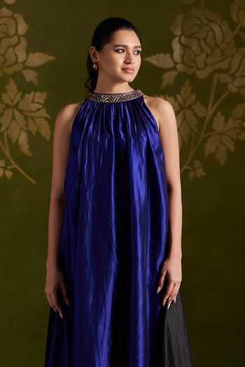 Buy_Almaari By Pooja Patel_Blue Silk Halter Neck Roshvani Asymmetric Kurta Set _Online_at_Aza_Fashions