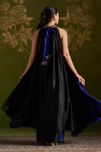 Shop_Almaari By Pooja Patel_Blue Silk Halter Neck Roshvani Asymmetric Kurta Set _Online_at_Aza_Fashions