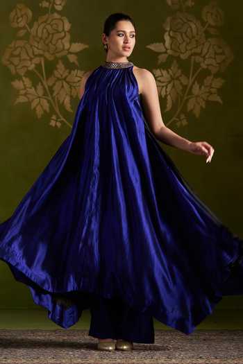 Buy_Almaari By Pooja Patel_Blue Silk Halter Neck Roshvani Asymmetric Kurta Set 