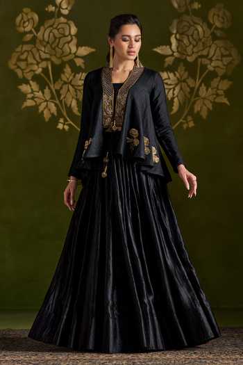 Buy_Almaari By Pooja Patel_Black Tussar, Silk Shawl Neck Roshika Handmade Jacket Lehenga Set _Online_at_Aza_Fashions