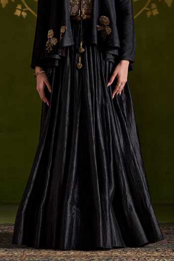 Shop_Almaari By Pooja Patel_Black Tussar, Silk Shawl Neck Roshika Handmade Jacket Lehenga Set _Online_at_Aza_Fashions