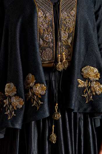 Buy_Almaari By Pooja Patel_Black Tussar, Silk Shawl Neck Roshika Handmade Jacket Lehenga Set 