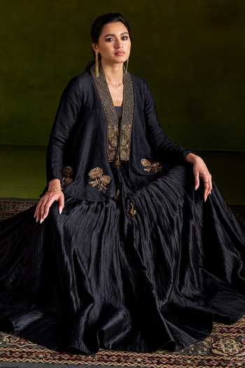 Shop_Almaari By Pooja Patel_Black Tussar, Silk Shawl Neck Roshika Handmade Jacket Lehenga Set 