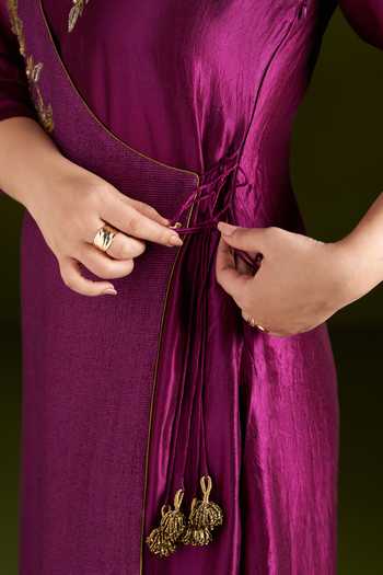 Almaari By Pooja Patel_Wine Silk, Tussar Round Neck, Yes Romika Embroidered Angrakha Kurta Set _Online_at_Aza_Fashions